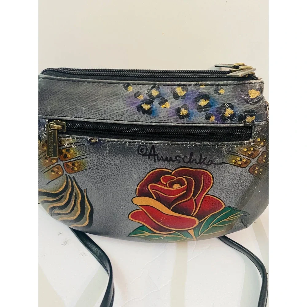 Anuschka‎ Hand Painted Leather Crossbody Bag Rose Butterfly Leopard Print Gray